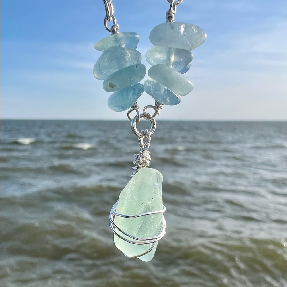 Seafoam Seaglass + Aquamarine Crystal Necklace